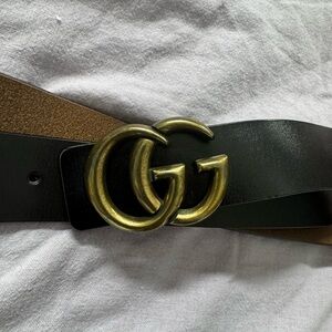 Black Leather Belt with Gold GG Buckle